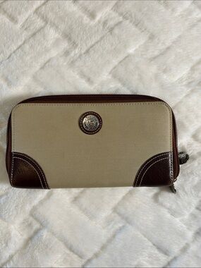 Le Tanneur Canvas Zip-Around Wallet with Brown Leather Trim 8x4.5x1 inches